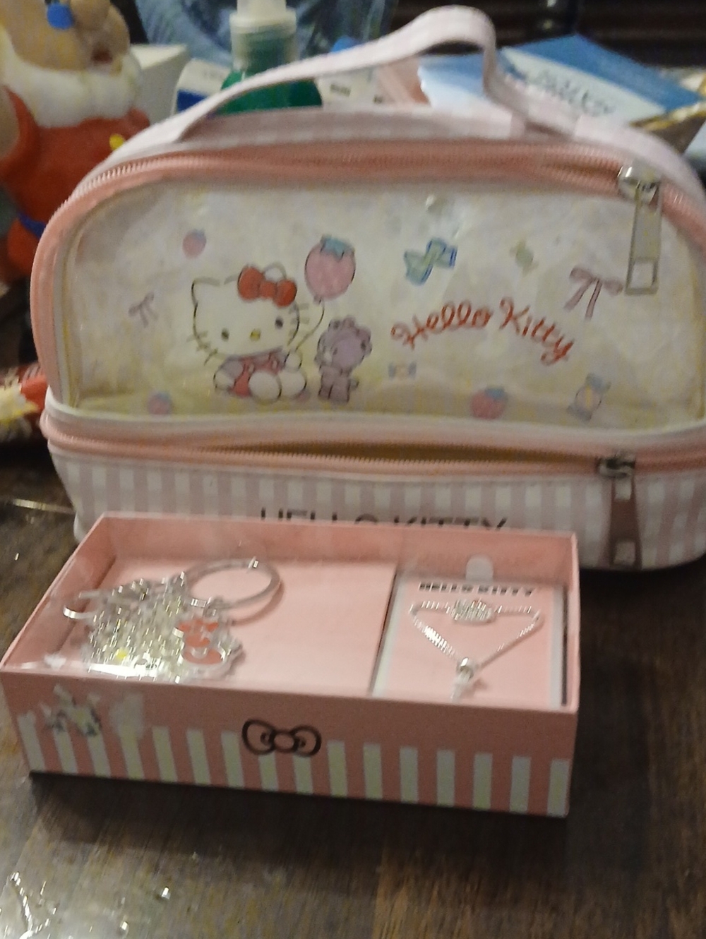 Hello Kitty Pink Striped Kids Jewelry & Cosmetic Travel Bag Set Silver Plated